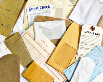May include: A collection of vintage brown paper envelopes, guest checks, and repair tags. The repair tag is labeled "Repair Tag" with the tag number "1485".