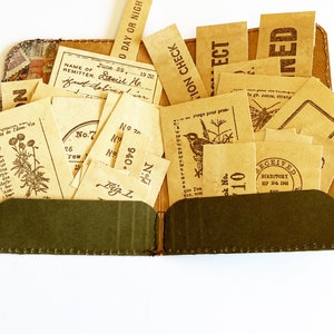 Stamped ephemera from Tim Holtz Field Notes stamp set, coffee dyed paper, junk journals.