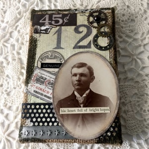 Altered cabinet card art for display in your home or as a gift.  Altered ancestor, borrowed kinfolk, found relative.  Mixed media.