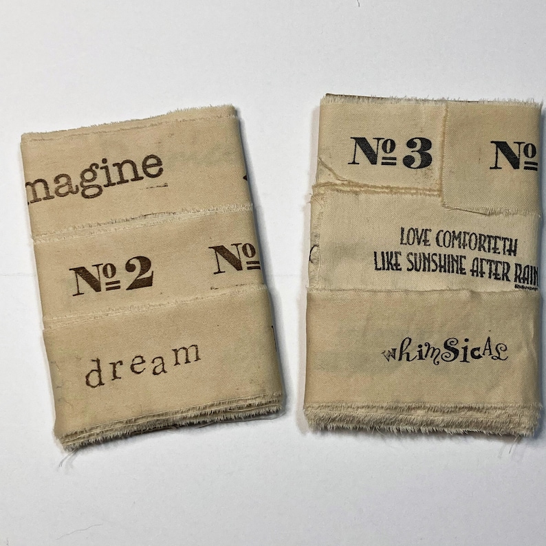 Tea Dyed Fabric Ribbon Stamped With Words and Numbers to Embellish Junk ...
