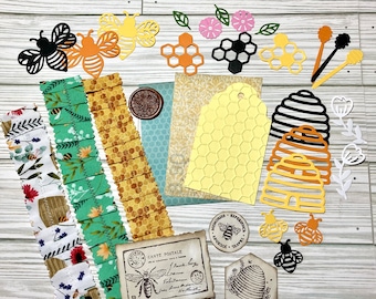 Bee Theme Die Cuts, Ruffles, Stamped Images Embellishment Kit, 32 Pieces, Junk Journal Supplies