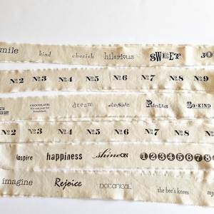 Tea dyed fabric ribbon stamped with words and numbers to embellish junk journals and ephemera, Snippet