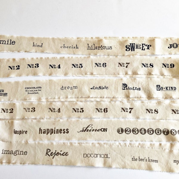 Tea dyed fabric ribbon stamped with words and numbers to embellish junk journals and ephemera, Snippet