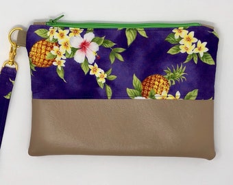 Pineapple Passion Cotton, Faux Leather Fabric Wristlet Clutch