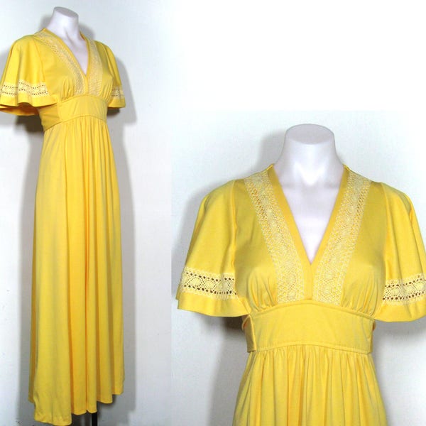 sz. S/M | 70s vintage yellow polyester flutter sleeve hostess goddess maxi dress / vintage 70s yellow maxi dress / empire waist maxi dress