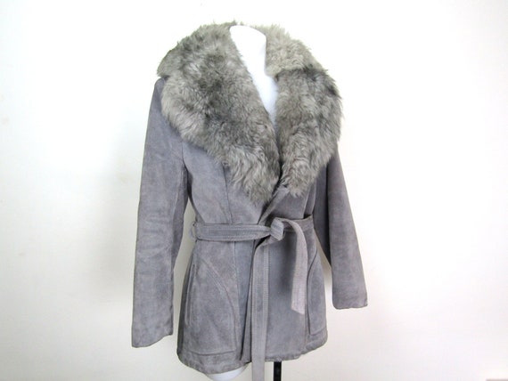 70s shearling collar coat gray suede coat 70s fur