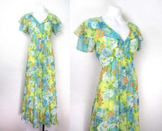 sz M | 70s boho maxi dress yellow floral maxi dres