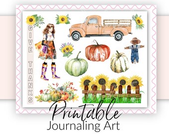 Bible Journaling Printable | Fall Thanksgiving Girl | Scripture Journaling and Scrapbooking Art | Bible Verse Stickers
