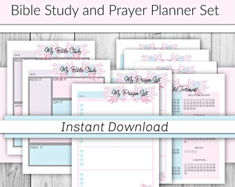 Bible Study and Prayer Journal Set With Bible Reading Tracker Templates | Pink and Blue | A4, A5, Letter, Classic Happy Planner