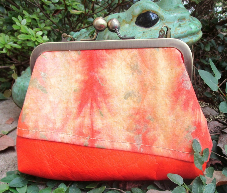 Kiss Lock Frame Clutch, Hand Dyed Waxed Canvas and Leather Clutch Purse with chain,
