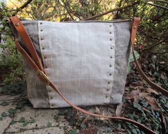 Medium Waxed Linen and Canvas Bag, Cross-body Bag, Waxed canvas bag, Unisex Bag, Handmade Bag