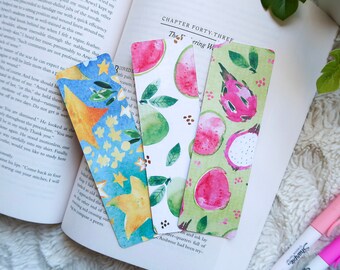 Tropical Fruit Bookmarks • Double-sided • 1mm thick • Handmade in Canada • Guava, Carambola, Dragonfruit • Gift for book lover • Book