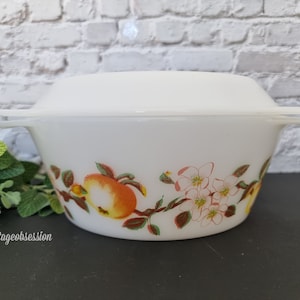 Vintage Arcopal France - 'Normandie' Peach Blossom Milk Glass Casserole Dish and Lid