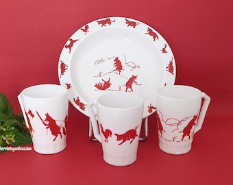 Vintage 1950's Hazel Atlas Red Three Little Pigs Bowl and Matching Cups Mugs