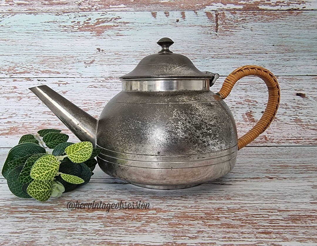 Vintage Selangor Pewter Malaysia Teapot With Wicker Bamboo Wrapped