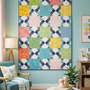 May include: A rectangular quilt featuring a grid of multicolored squares in shades of lime green, yellow, pink, orange, and blue, separated by white and dark blue cross-shaped patterns. The quilt displays the text TERESADOWNUNDER.COM in small print.