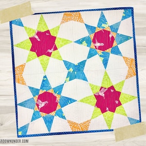 May include: A colorful quilt with a star pattern. The quilt is made of different fabrics with a variety of colors, including blue, green, pink, and orange. The quilt is bordered with a blue fabric.