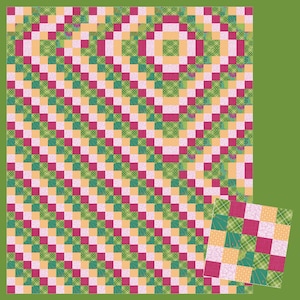 May include: A quilt pattern with a repeating design of green, pink, and yellow squares. The pattern is made up of smaller squares within the larger squares.
