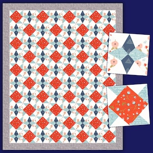May include: A quilt pattern with a repeating geometric design of red, blue, and white diamonds. The quilt is made up of smaller squares with a floral print. The text "Peace, Joy, Love, Hope" is visible on the quilt.