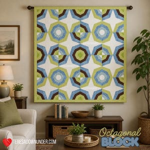 May include: A wall hanging quilt featuring a repeating geometric pattern of octagons in shades of lime green, sky blue, and dark brown on a white background, framed by a lime green border. The design includes white star-shaped negative space.