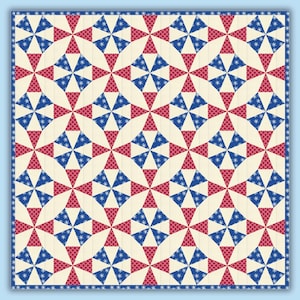 May include: A quilt pattern featuring a repeating design of red, white and blue triangles and circles. The pattern is symmetrical and creates a sense of movement.