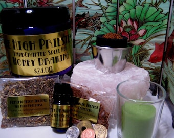 May include: A money drawing spell kit with a gold label that reads "High Priestess Handcrafted Spell Kit Money Drawing $24.00". The kit includes a small jar of incense, a small bottle of oil, a small bag of incense, a small bowl with incense, a small candle, and a pink Himalayan salt rock.