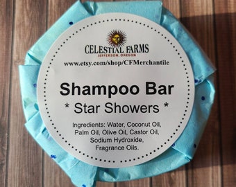 Barra de lavado corporal de champú hecha a mano - Duchas de estrellas, proceso en frío, barra corporal, libre de plástico, jabón de camping, champú sólido