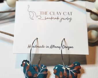 Boucles d'oreilles mouton, Boucles d'oreilles en pâte polymère, Fait main, Créoles en acier inoxydable, Floral bleu et orange, Cadeau pour les amateurs de moutons