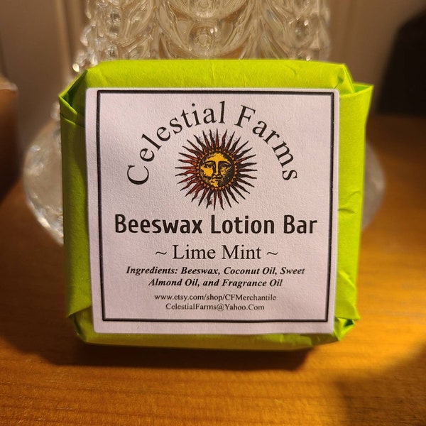 Natural Bees Wax Lotion Bar - Lime Mint - Beeswax Moisturizer,  Solid Lotion