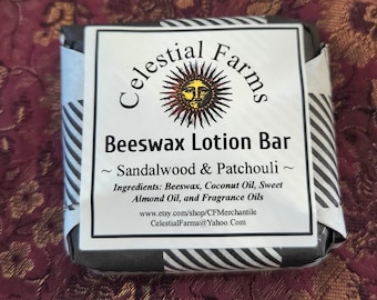 Natural Bees Wax Lotion Bar - Sandalwood and Patchouli - Beeswax Moisturizer,  Solid Lotion