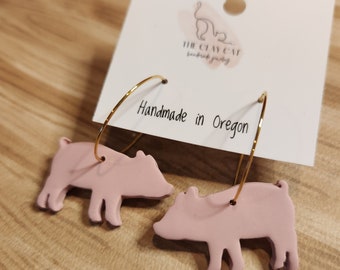 Pink Piglet Earrings, Polymer Clay Earrings, Handmade, Stainless Steel Gold Hoops, Pink Pigs, Gift for Pig Lovers, Farm Girl Fashion