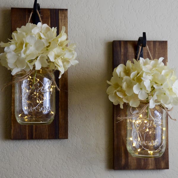 Mason Jar Sconce - Rustic Wood Mason Jar Sconces - Hanging Mason Jar Sconces - Lighted Mason Jar Sconce - Mason Jar Candle Holder - Lantern