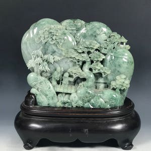 Chinese Art Carved Jade Mountain with People with Wood Stand