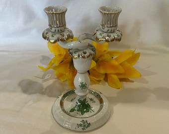 Vintage Herend Green Apponyi Chinese Bouquet 7915/AV Double Arm 9" Tall Candelabra Candlestick Hand Painted Double Arm Candlestick 7915