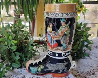 Vintage German 8" Tall Boot Beer Stein - German Boot Stein with Cat and Dancers German Drinking Boot 1/2L Ex Condition