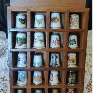 Wood Thimble Display Case w/20 England Bone China Porcelain Thimbles-Peephole Stanhope Thimble-Royal Albert-Spode-Hammersley-Coal Port