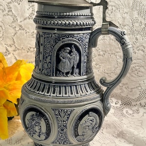 RARE German 13" Cameo Westerwald Salt Glazed Cobalt Blue Stoneware Jug Pouring Pitcher w/Tree Branch Handle Cobalt Blue