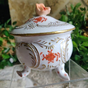 Herend Chinese Bouquet Rust Footed Lidded Round Covered Sugar Bowl w/Rose Finial-Herend Hungary Apponyi Orange Covered Bonbon #6040 AOQ