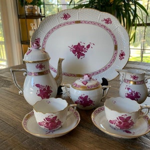Herend 8pc Set tête-à-tête Tea Mocha Service For Two Herend Raspberry Chinese Bouquet Apponyi 7" Mocha pot-Sugar-Milk Jug-Tray-Cups/saucers