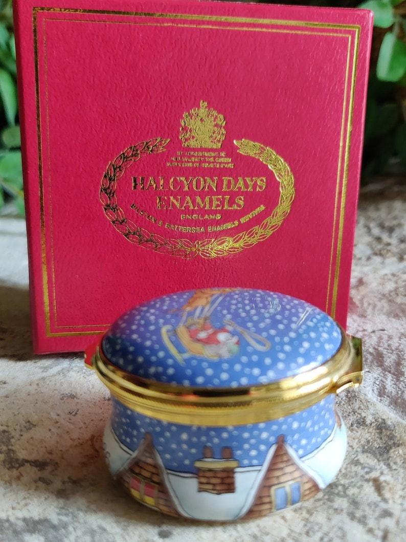 1986 Halcyon Days Enamels BOXED Christmas Santa Christmas Eve