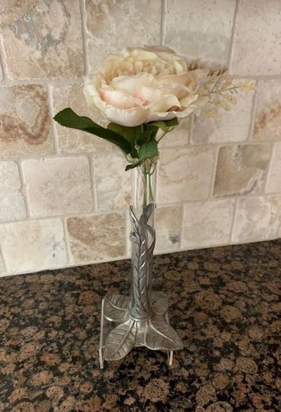 Signed 9" Tall German 95% Zinn Leaves Base & Removable Glass Cylinder Bud Vase Beautiful Unique 2pc Glass Bud Vase in Leaf Vine Stand