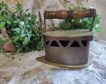Antique 1920s vintage Brass Coal Iron with Wooden Handle