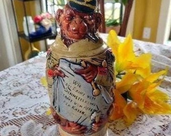 Vintage German Character Colorful Lidded Military Monkey Beer