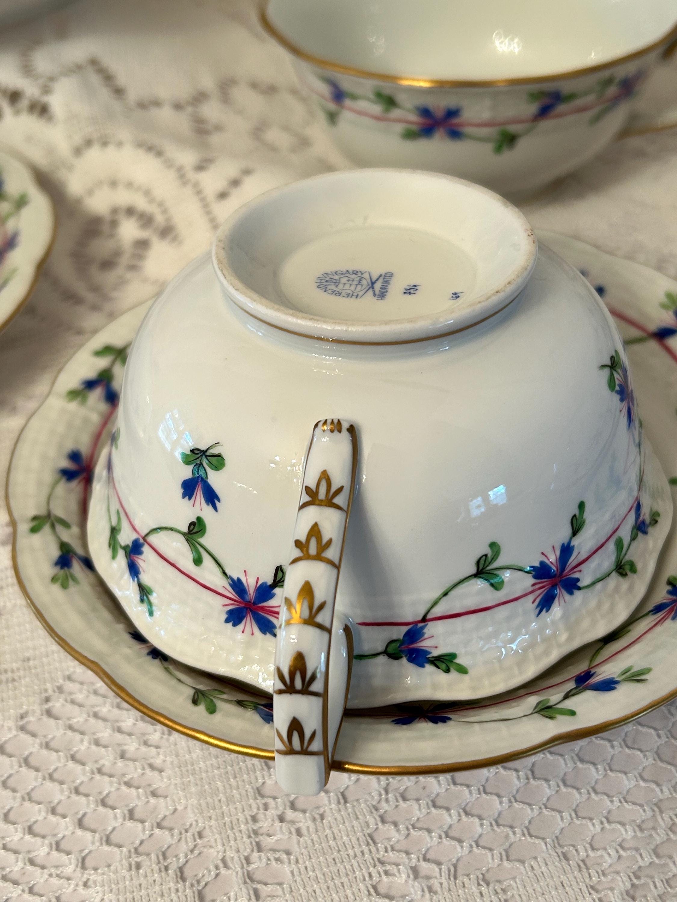 Herend Cornflower Blue Garland Cup & Saucer Set-wavy Edge 6 Oz Tea
