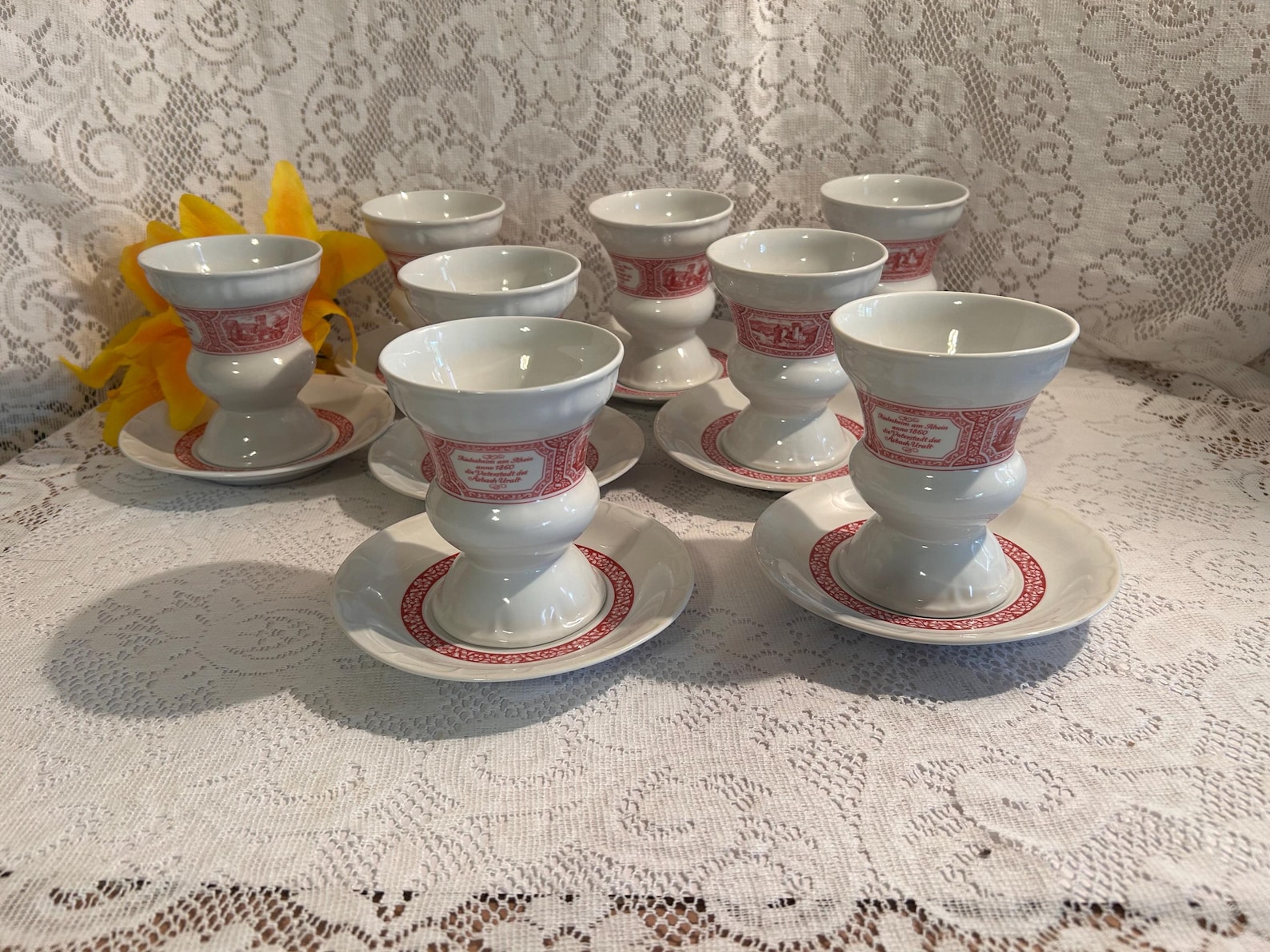 pc Rastal Rüdesheimer 1860s Castel Scenes Kaffee Chalice-Shaped Porcelain Cup w/Saucer Set from Germany-Rüdesheim on the Rhine