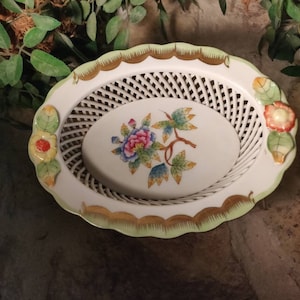Rare Large Herend VBO Green Queen Victoria Flowers Openwork Basket Herend Hungary Porcelain Braided Reticulated Oval Dish #7379/VBO MINT