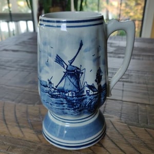 Delfts Blauw Handpainted 7" Tall Mug w/Windmill Village scene Blue Delft Holland Hand Painted Porcelain  Handle Mug Delft Blue Holland
