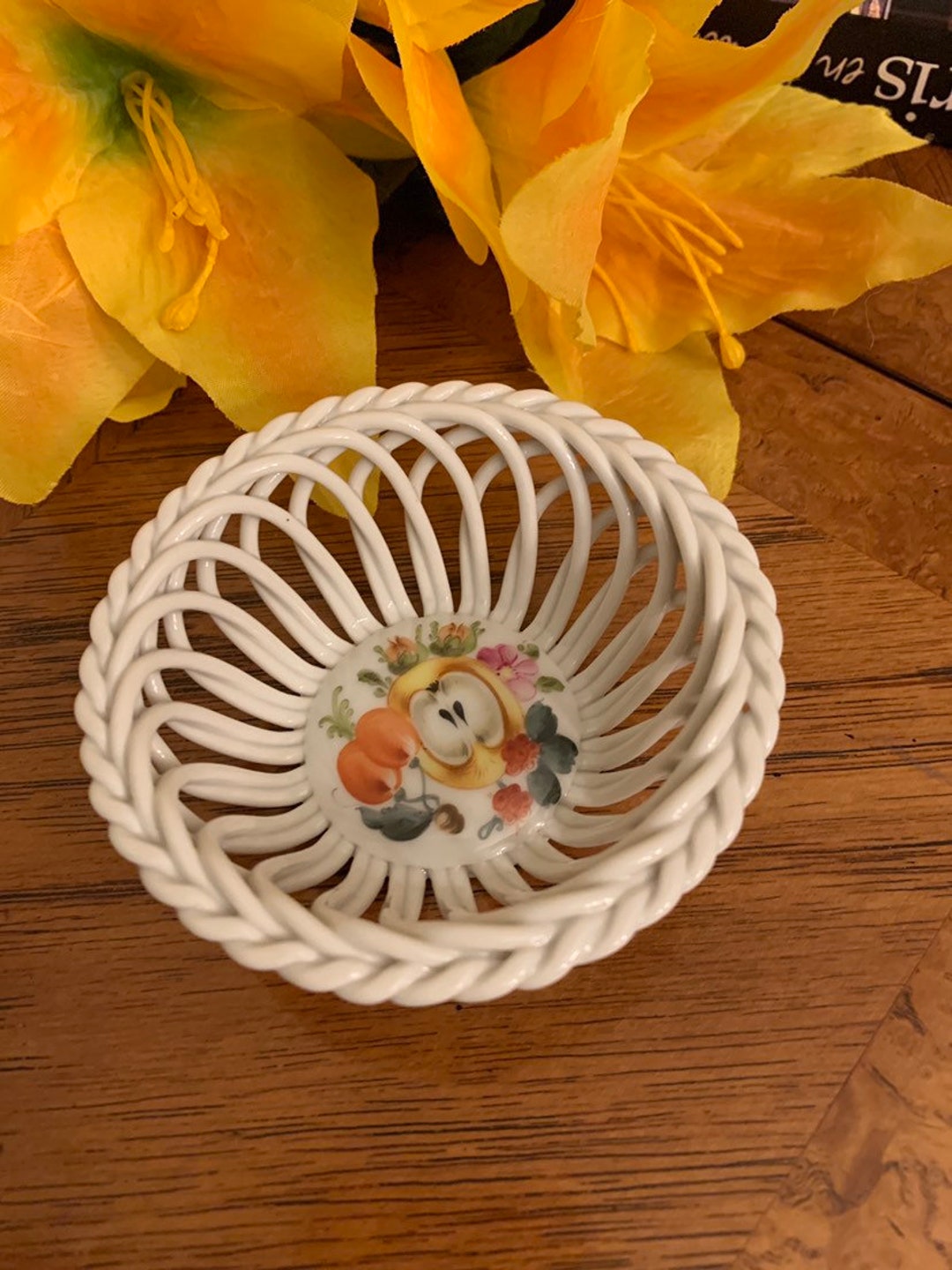 Vintage Herend Fruits and Flowers DISH Open Weave Basket Bowl 7373
