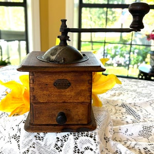 Fabulous Vintage French JAPY Acier Forge Hand Crank Coffee Grinder Vintage Wood and Tin French Coffee Mill Metal Dome Lid Decorative Mill