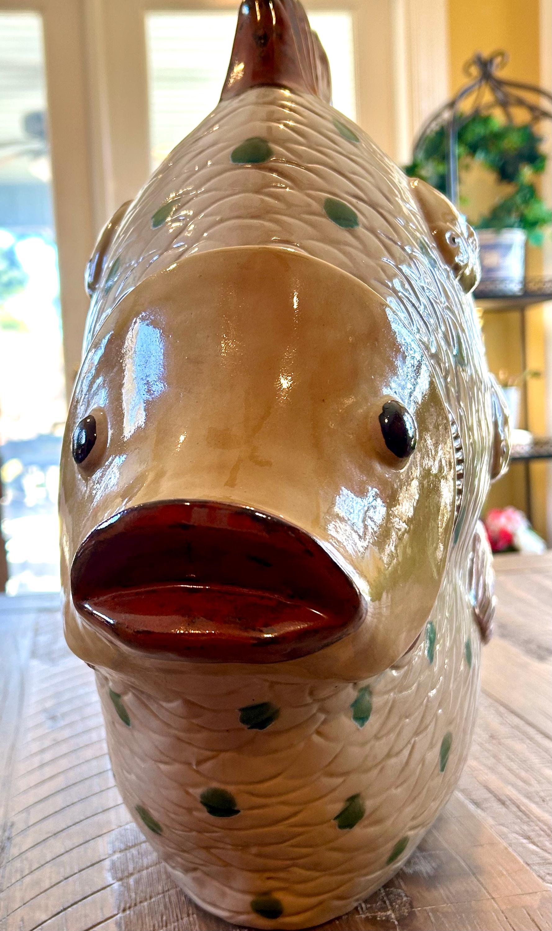 カリブ海の大きな壷 HUGE Vintage Pottery Art Hand Painted Fish 24